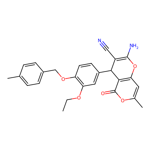 2-amino-4-{3-ethoxy-4-[(4-methylbenzyl)oxy]phenyl}-7-methyl-5-oxo-4H,5H-pyrano[4,3-b]pyran-3-carbonitrile structure