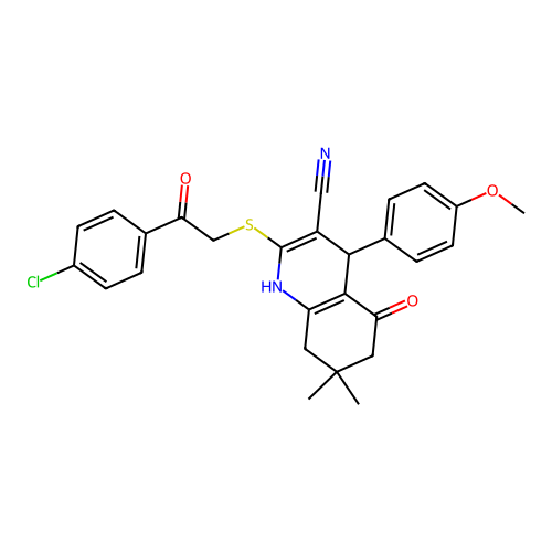 2-((2-(4-chlorophenyl)-2-oxoethyl)thio)-4-(4-methoxyphenyl)-7,7-dimethyl-5-oxo-1,4,5,6,7,8-hexahydroquinoline-3-carbonitrile structure