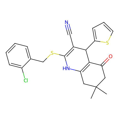 2-[(2-chlorobenzyl)sulfanyl]-7,7-dimethyl-5-oxo-4-(thiophen-2-yl)-1,4,5,6,7,8-hexahydroquinoline-3-carbonitrile structure