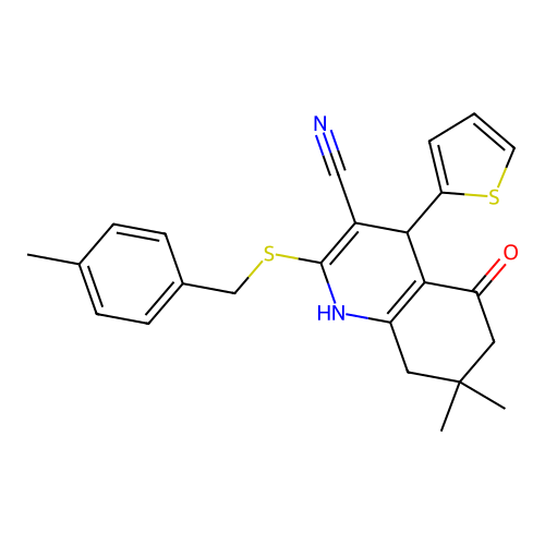 7,7-dimethyl-2-[(4-methylbenzyl)sulfanyl]-5-oxo-4-(thiophen-2-yl)-1,4,5,6,7,8-hexahydroquinoline-3-carbonitrile structure