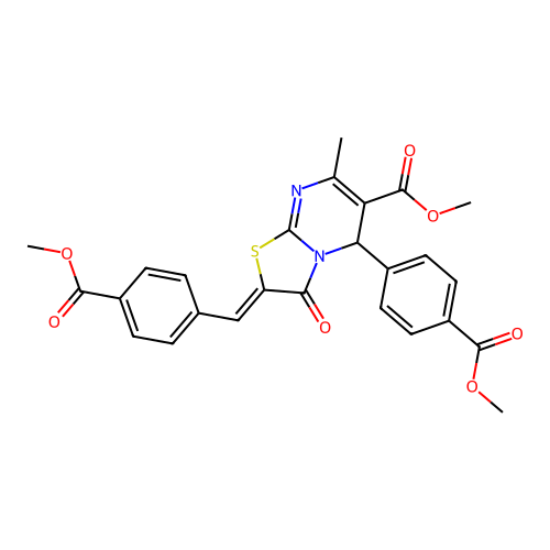 Methyl 2-(4-(methoxycarbonyl)benzylidene)-5-(4-(methoxycarbonyl)phenyl)-7-methyl-3-oxo-3,5-dihydro-2H-thiazolo[3,2-a]pyrimidine-6-carboxylate structure