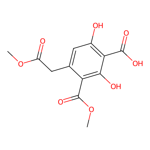 Phenylacetic acid, 2-methoxycarbonyl-4-carboxy-3,5-dihydroxy-, methyl ester structure
