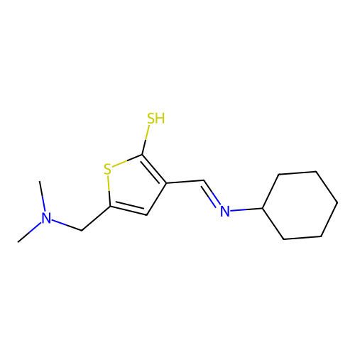 3-[(E)-(cyclohexylimino)methyl]-5-[(dimethylamino)methyl]thiophene-2-thiol structure