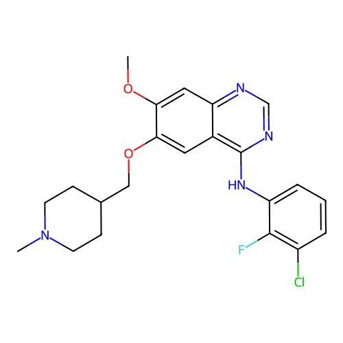 4-(3-chloro-2-fluoroanilino)-7-methoxy-6-[(1-methylpiperidin-4-yl)methoxy]quinazoline structure