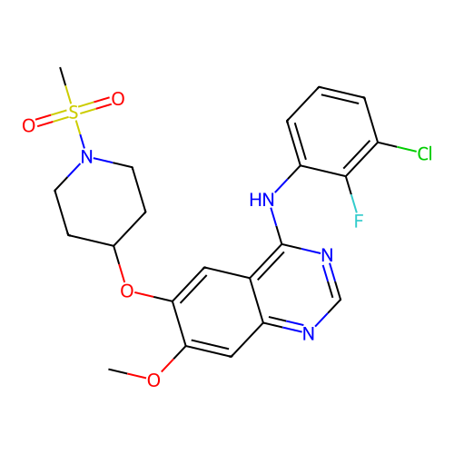 4-(3-chloro-2-fluoroanilino)-6-{[1-(methylsulfonyl)piperidin-4-yl]oxy}-7-methoxyquinazoline structure