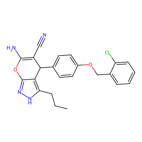 6-amino-4-{4-[(2-chlorobenzyl)oxy]phenyl}-3-propyl-1,4-dihydropyrano[2,3-c]pyrazole-5-carbonitrile structure