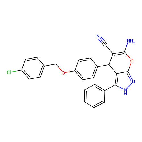 6-amino-4-{4-[(4-chlorobenzyl)oxy]phenyl}-3-phenyl-1,4-dihydropyrano[2,3-c]pyrazole-5-carbonitrile structure