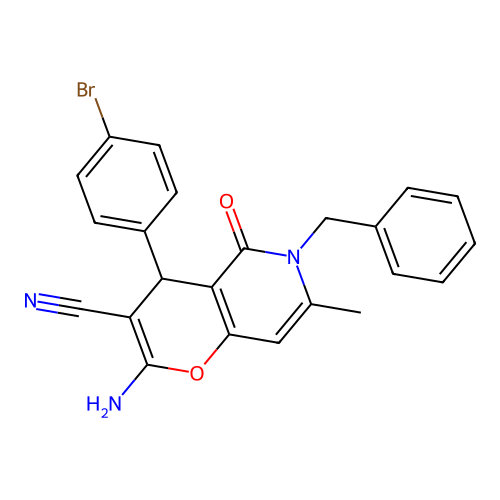 2-amino-6-benzyl-4-(4-bromophenyl)-7-methyl-5-oxo-5,6-dihydro-4H-pyrano[3,2-c]pyridine-3-carbonitrile structure