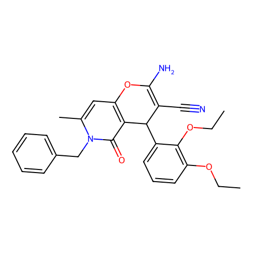 2-amino-6-benzyl-4-(2,3-diethoxyphenyl)-7-methyl-5-oxo-5,6-dihydro-4H-pyrano[3,2-c]pyridine-3-carbonitrile structure