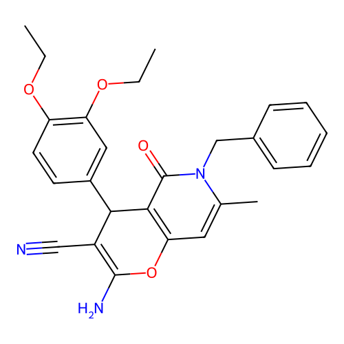 2-amino-6-benzyl-4-(3,4-diethoxyphenyl)-7-methyl-5-oxo-5,6-dihydro-4H-pyrano[3,2-c]pyridine-3-carbonitrile structure