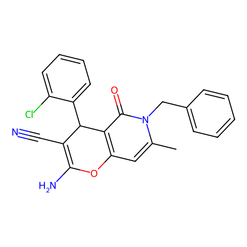 2-amino-6-benzyl-4-(2-chlorophenyl)-7-methyl-5-oxo-5,6-dihydro-4H-pyrano[3,2-c]pyridine-3-carbonitrile structure