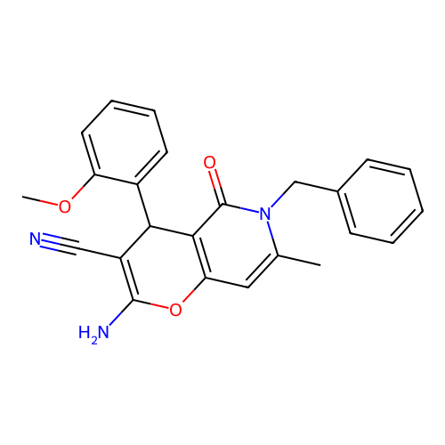 2-amino-6-benzyl-4-(2-methoxyphenyl)-7-methyl-5-oxo-5,6-dihydro-4H-pyrano[3,2-c]pyridine-3-carbonitrile structure