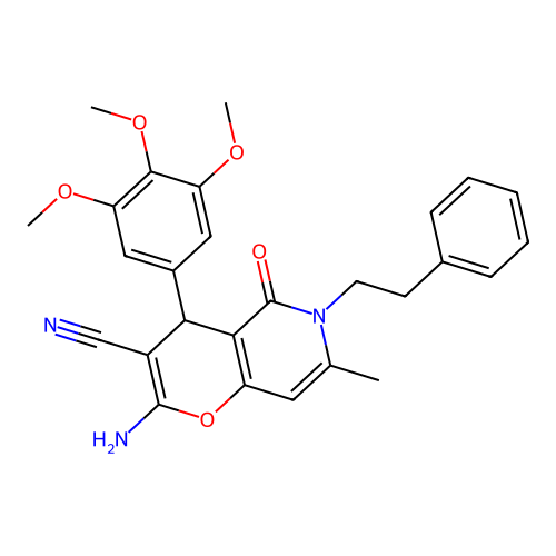 2-amino-7-methyl-5-oxo-6-(2-phenylethyl)-4-(3,4,5-trimethoxyphenyl)-5,6-dihydro-4H-pyrano[3,2-c]pyridine-3-carbonitrile structure