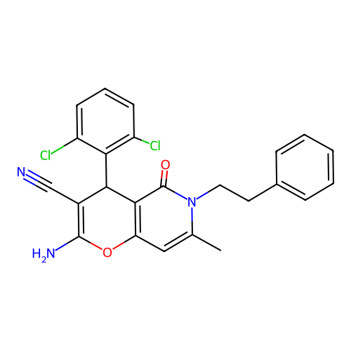 2-amino-4-(2,6-dichlorophenyl)-7-methyl-5-oxo-6-(2-phenylethyl)-5,6-dihydro-4H-pyrano[3,2-c]pyridine-3-carbonitrile structure