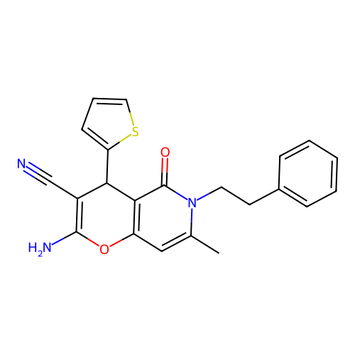 2-amino-7-methyl-5-oxo-6-(2-phenylethyl)-4-(thiophen-2-yl)-5,6-dihydro-4H-pyrano[3,2-c]pyridine-3-carbonitrile structure