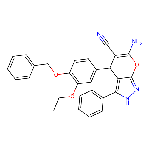 6-amino-4-[4-(benzyloxy)-3-ethoxyphenyl]-3-phenyl-1,4-dihydropyrano[2,3-c]pyrazole-5-carbonitrile structure