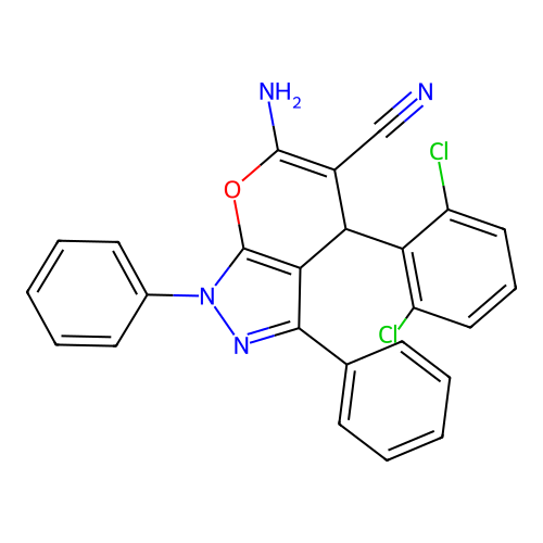 6-amino-4-(2,6-dichlorophenyl)-1,3-diphenyl-1,4-dihydropyrano[2,3-c]pyrazole-5-carbonitrile structure