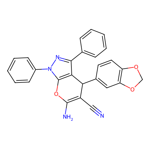 6-amino-4-(1,3-benzodioxol-5-yl)-1,3-diphenyl-1,4-dihydropyrano[2,3-c]pyrazole-5-carbonitrile structure