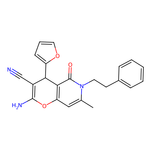 2-amino-4-(furan-2-yl)-7-methyl-5-oxo-6-(2-phenylethyl)-5,6-dihydro-4H-pyrano[3,2-c]pyridine-3-carbonitrile structure