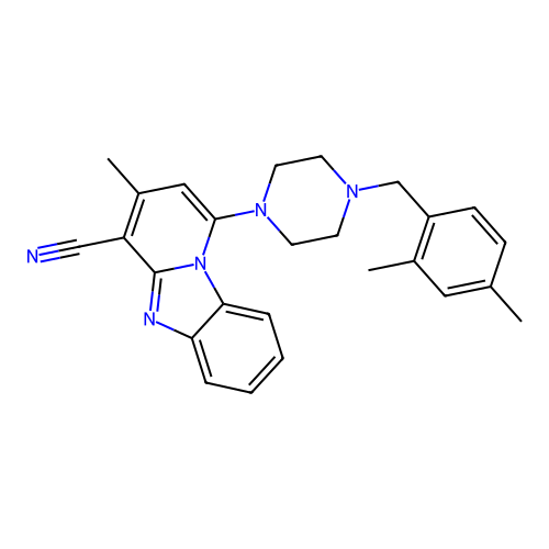 1-[4-(2,4-dimethylbenzyl)piperazin-1-yl]-3-methylpyrido[1,2-a]benzimidazole-4-carbonitrile structure