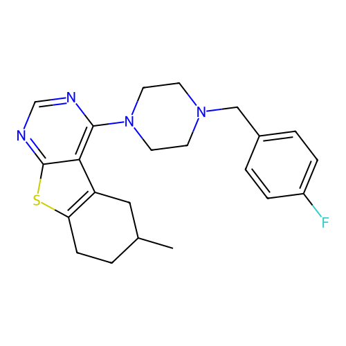 4-[4-(4-fluorobenzyl)piperazin-1-yl]-6-methyl-5,6,7,8-tetrahydro[1]benzothieno[2,3-d]pyrimidine structure
