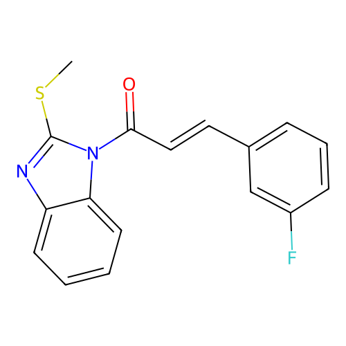 (E)-3-(3-fluorophenyl)-1-(2-(methylthio)-1H-benzo[d]imidazol-1-yl)prop-2-en-1-one structure