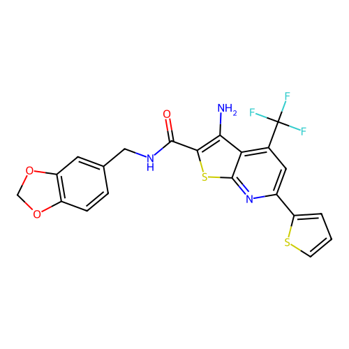 3-amino-N-(1,3-benzodioxol-5-ylmethyl)-6-(thiophen-2-yl)-4-(trifluoromethyl)thieno[2,3-b]pyridine-2-carboxamide structure