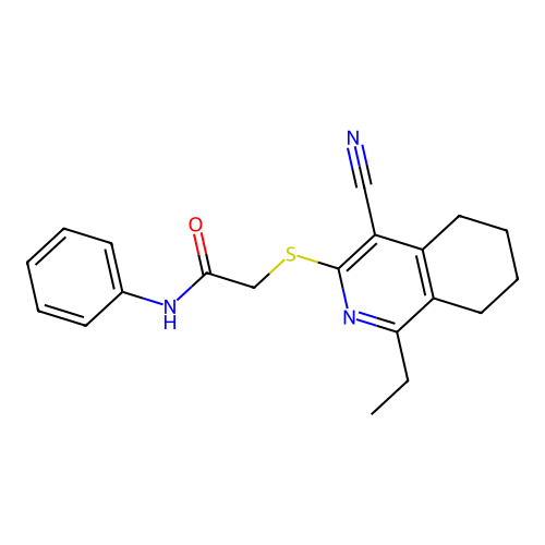 2-[(4-cyano-1-ethyl-5,6,7,8-tetrahydroisoquinolin-3-yl)sulfanyl]-N-phenylacetamide structure