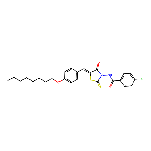 4-chloro-N-{(5Z)-5-[4-(octyloxy)benzylidene]-4-oxo-2-thioxo-1,3-thiazolidin-3-yl}benzamide structure