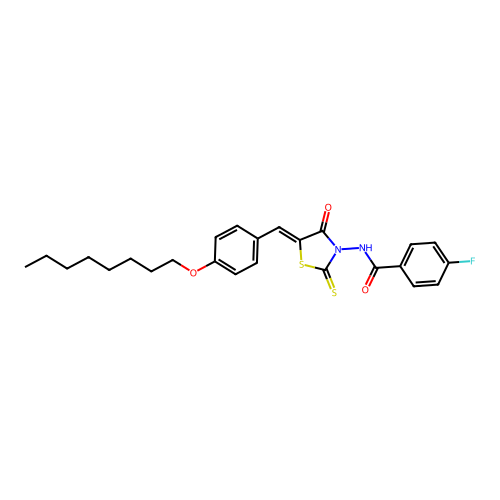 4-fluoro-N-{(5Z)-5-[4-(octyloxy)benzylidene]-4-oxo-2-thioxo-1,3-thiazolidin-3-yl}benzamide structure