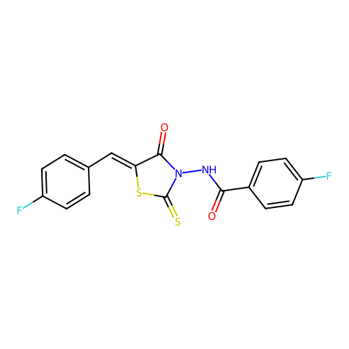 (Z)-4-fluoro-N-(5-(4-fluorobenzylidene)-4-oxo-2-thioxothiazolidin-3-yl)benzamide structure