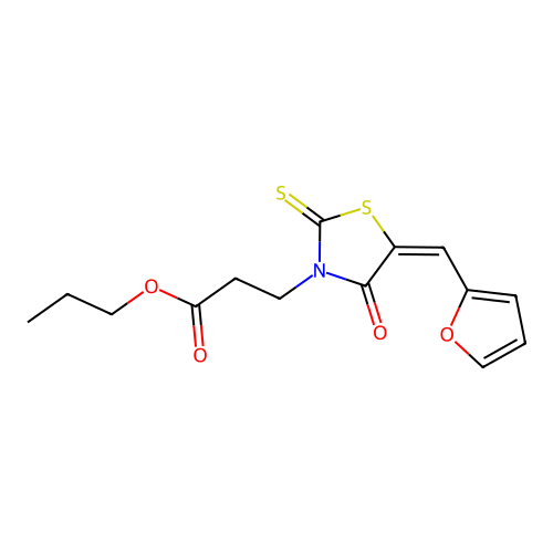 (E)-propyl 3-(5-(furan-2-ylmethylene)-4-oxo-2-thioxothiazolidin-3-yl)propanoate structure