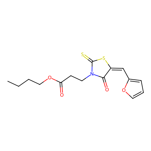 (E)-butyl 3-(5-(furan-2-ylmethylene)-4-oxo-2-thioxothiazolidin-3-yl)propanoate structure
