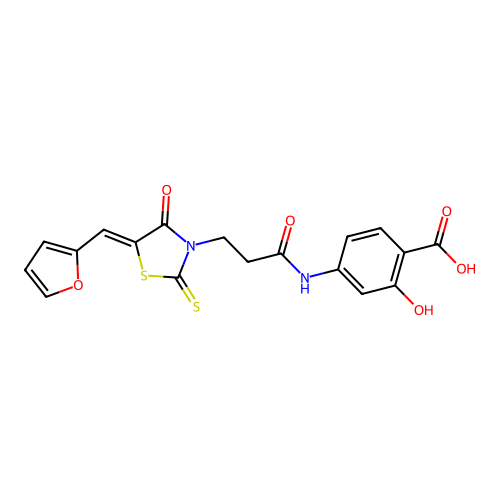 4-[3-[(5Z)-5-(furan-2-ylmethylidene)-4-oxo-2-sulfanylidene-1,3-thiazolidin-3-yl]propanoylamino]-2-hydroxybenzoic acid structure