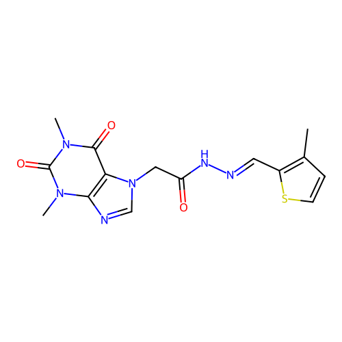(E)-2-(1,3-dimethyl-2,6-dioxo-2,3-dihydro-1H-purin-7(6H)-yl)-N'-((3-methylthiophen-2-yl)methylene)acetohydrazide structure