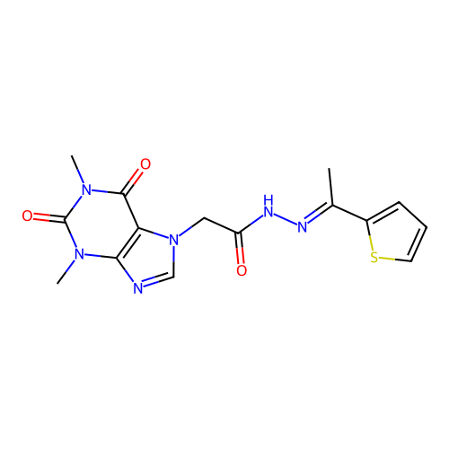 (E)-2-(1,3-dimethyl-2,6-dioxo-2,3-dihydro-1H-purin-7(6H)-yl)-N'-(1-(thiophen-2-yl)ethylidene)acetohydrazide structure