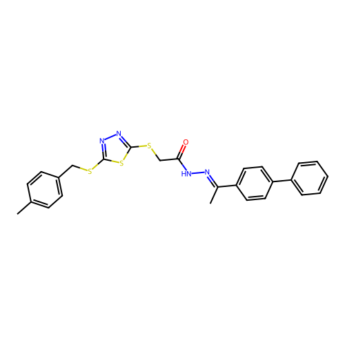 N'-[(1Z)-1-(biphenyl-4-yl)ethylidene]-2-({5-[(4-methylbenzyl)sulfanyl]-1,3,4-thiadiazol-2-yl}sulfanyl)acetohydrazide structure