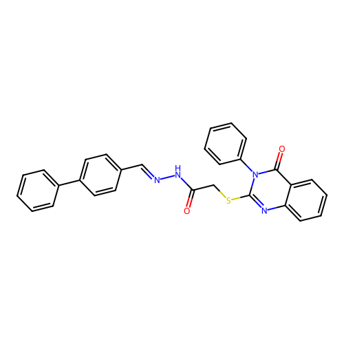 2-(4-oxo-3-phenyl-quinazolin-2-yl)sulfanyl-N-[(4-phenylphenyl)methylideneamino]acetamide structure