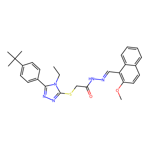 (E)-2-((5-(4-(tert-butyl)phenyl)-4-ethyl-4H-1,2,4-triazol-3-yl)thio)-N'-((2-methoxynaphthalen-1-yl)methylene)acetohydrazide structure