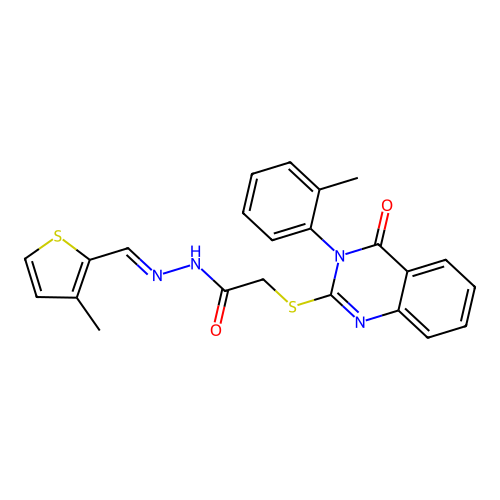(4-Oxo-3-o-tolyl-3,4-dihydro-quinazolin-2-ylsulfanyl)-acetic acid [1-(3-methyl-thiophen-2-yl)-meth-(E)-ylidene]-hydrazide structure