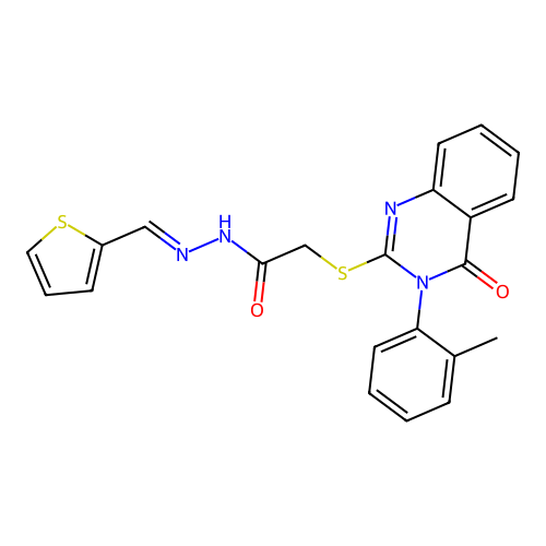 (E)-2-((4-oxo-3-(o-tolyl)-3,4-dihydroquinazolin-2-yl)thio)-N'-(thiophen-2-ylmethylene)acetohydrazide structure