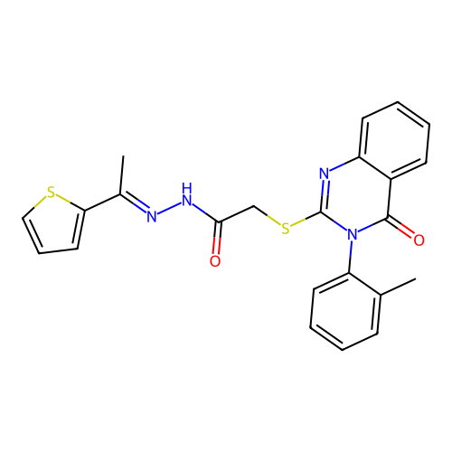 (4-Oxo-3-o-tolyl-3,4-dihydro-quinazolin-2-ylsulfanyl)-acetic acid [1-thiophen-2-yl-eth-(E)-ylidene]-hydrazide structure
