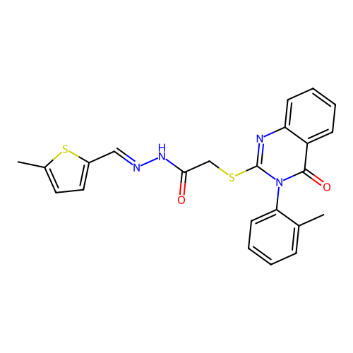 (4-Oxo-3-o-tolyl-3,4-dihydro-quinazolin-2-ylsulfanyl)-acetic acid [1-(5-methyl-thiophen-2-yl)-meth-(E)-ylidene]-hydrazide structure