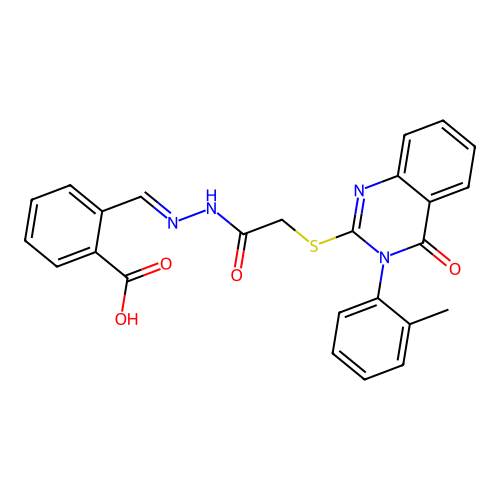 (E)-2-((2-(2-((4-oxo-3-(o-tolyl)-3,4-dihydroquinazolin-2-yl)thio)acetyl)hydrazono)methyl)benzoic acid structure