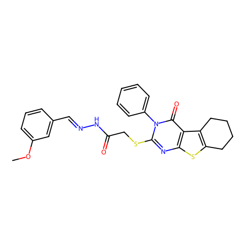 (E)-N'-(3-methoxybenzylidene)-2-((4-oxo-3-phenyl-3,4,5,6,7,8-hexahydrobenzo[4,5]thieno[2,3-d]pyrimidin-2-yl)thio)acetohydrazide structure