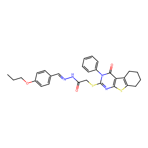 (E)-2-((4-oxo-3-phenyl-3,4,5,6,7,8-hexahydrobenzo[4,5]thieno[2,3-d]pyrimidin-2-yl)thio)-N'-(4-propoxybenzylidene)acetohydrazide structure
