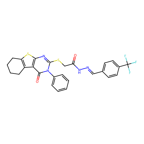(E)-2-((4-oxo-3-phenyl-3,4,5,6,7,8-hexahydrobenzo[4,5]thieno[2,3-d]pyrimidin-2-yl)thio)-N'-(4-(trifluoromethyl)benzylidene)acetohydrazide structure