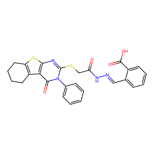 (E)-2-((2-(2-((4-oxo-3-phenyl-3,4,5,6,7,8-hexahydrobenzo[4,5]thieno[2,3-d]pyrimidin-2-yl)thio)acetyl)hydrazono)methyl)benzoic acid structure