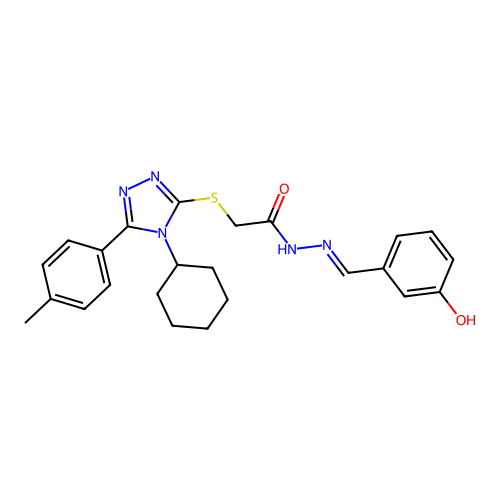 (E)-2-((4-cyclohexyl-5-(p-tolyl)-4H-1,2,4-triazol-3-yl)thio)-N'-(3-hydroxybenzylidene)acetohydrazide structure