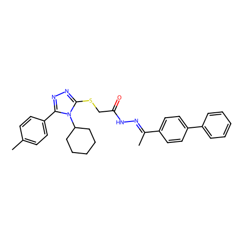 (E)-N'-(1-([1,1'-biphenyl]-4-yl)ethylidene)-2-((4-cyclohexyl-5-(p-tolyl)-4H-1,2,4-triazol-3-yl)thio)acetohydrazide structure